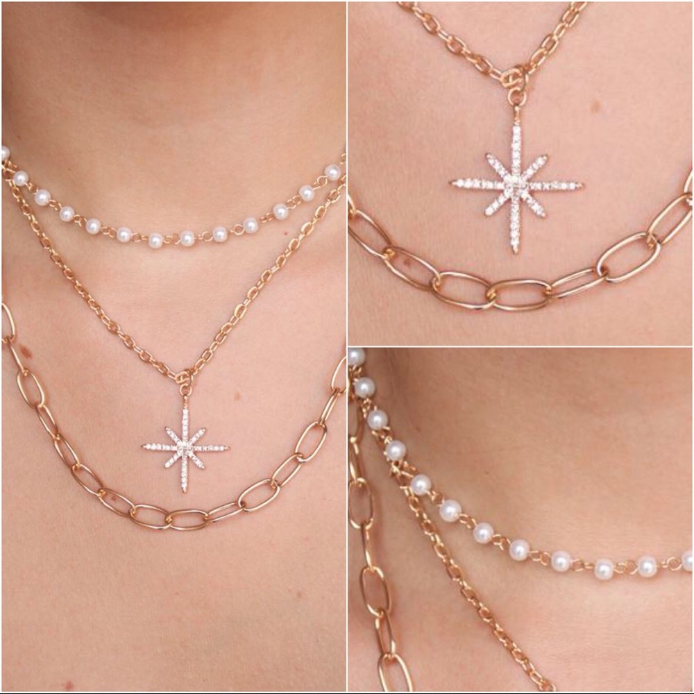 Sun Triple Layered Link Gold Pearl Necklace - Picture 4 of 4